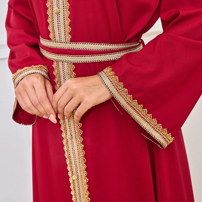 Fashion Solid Abaya Islamic Tape Trim Full Sleeve V-Neck Belted Clothing Elegant Casual Moroccan Kaftan For Women