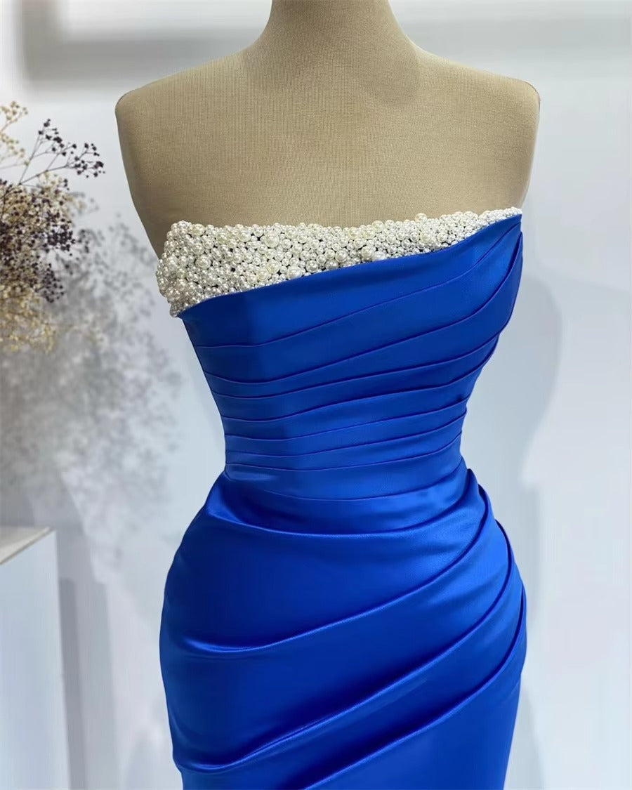 Luxury Mermaid Blue Evening Dresses Woman's Sexy Sparkle Strapless Formal Satin Prom Gowns Elegant Fashion Vestido De Noche