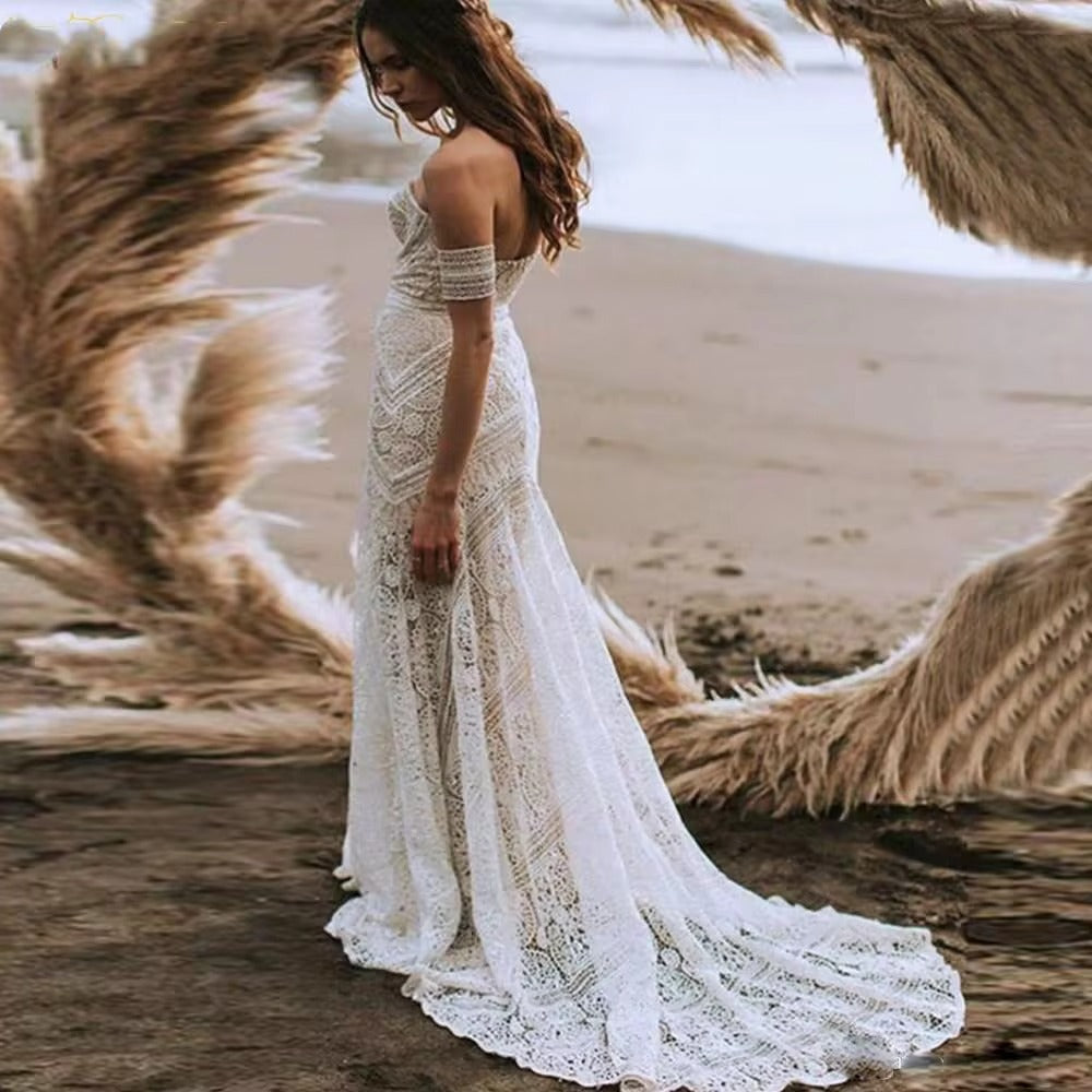 Boho Mermaid Lace Wedding Dresses Off the Shoulder Bridal Gowns Long Beach Wedding Gowns For Bride vestido de novia