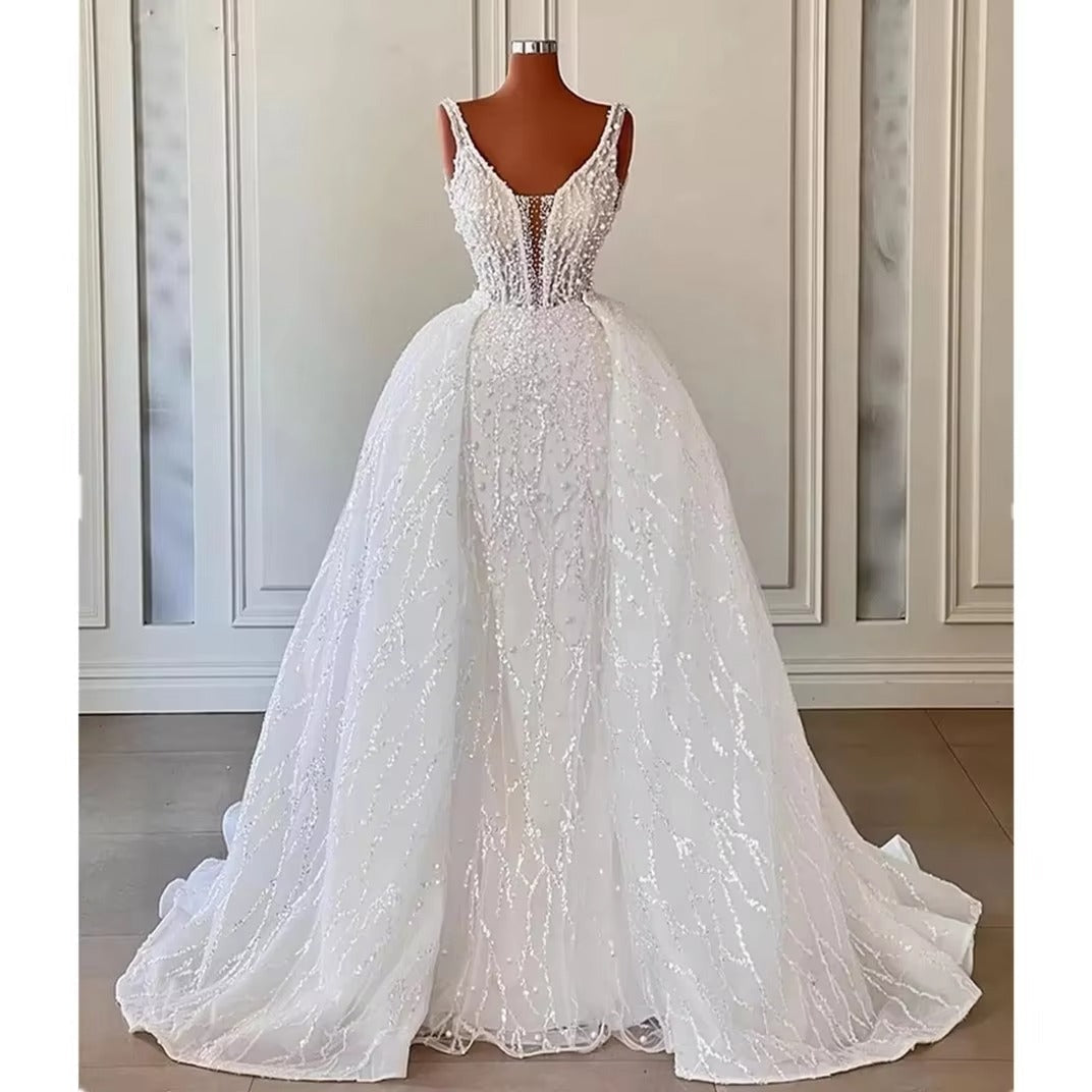 White Mermaid Wedding Dresses For Women Bride Luxury Spaghetti Bridal Dress With Cape Sparkly Engagement Gowns Vestidos De Novia