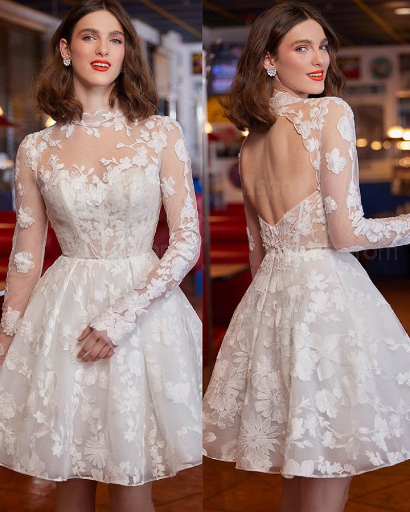 Elegant High Neck Long Sleeves A Line Wedding Dress Short Lace Elegant Tulle Bridal Party Custom Made Vestidos De Novia Beige 14W