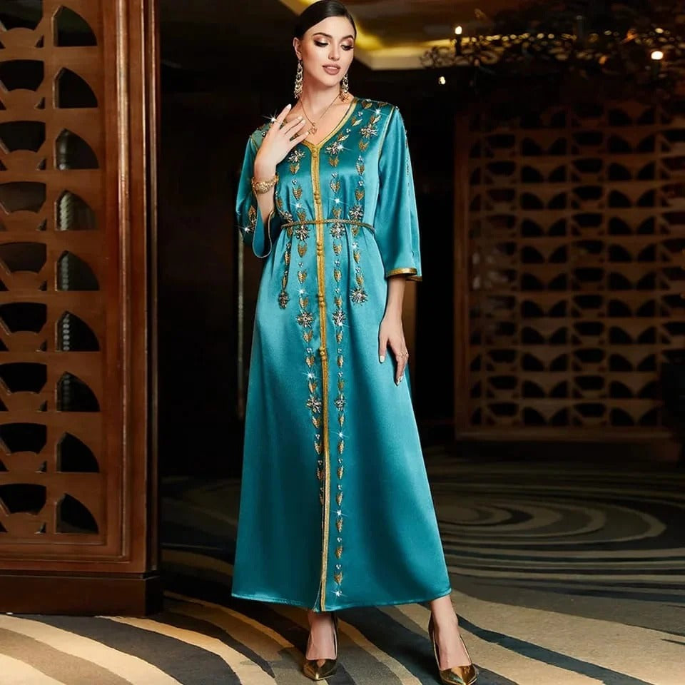 Pure Handwork Rhinestone Beading Turkish Abayas Chic Full Sleeve V-Neck Belted Clothing Evening Dresses Woman Elegant