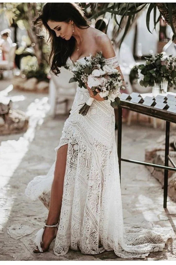 Boho Mermaid Lace Wedding Dresses Off the Shoulder Bridal Gowns Long Beach Wedding Gowns For Bride vestido de novia