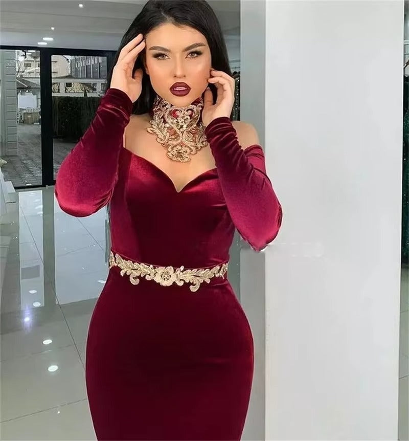 Red Wine Moroccan Kaftan Long Evening Dress Sexy Mermaid Dubai Formal Gowns Charming Gold Appliques Celebrity Dresses Plus Size