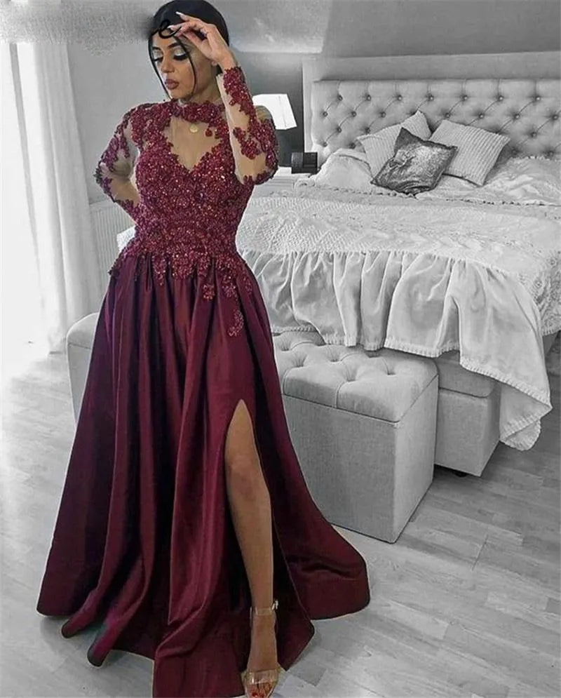 Burgundy High Neck caftan Evening Dresses Beaded Lace Full Sleeve Split Arabic Special Occasion Evening Party Gowns