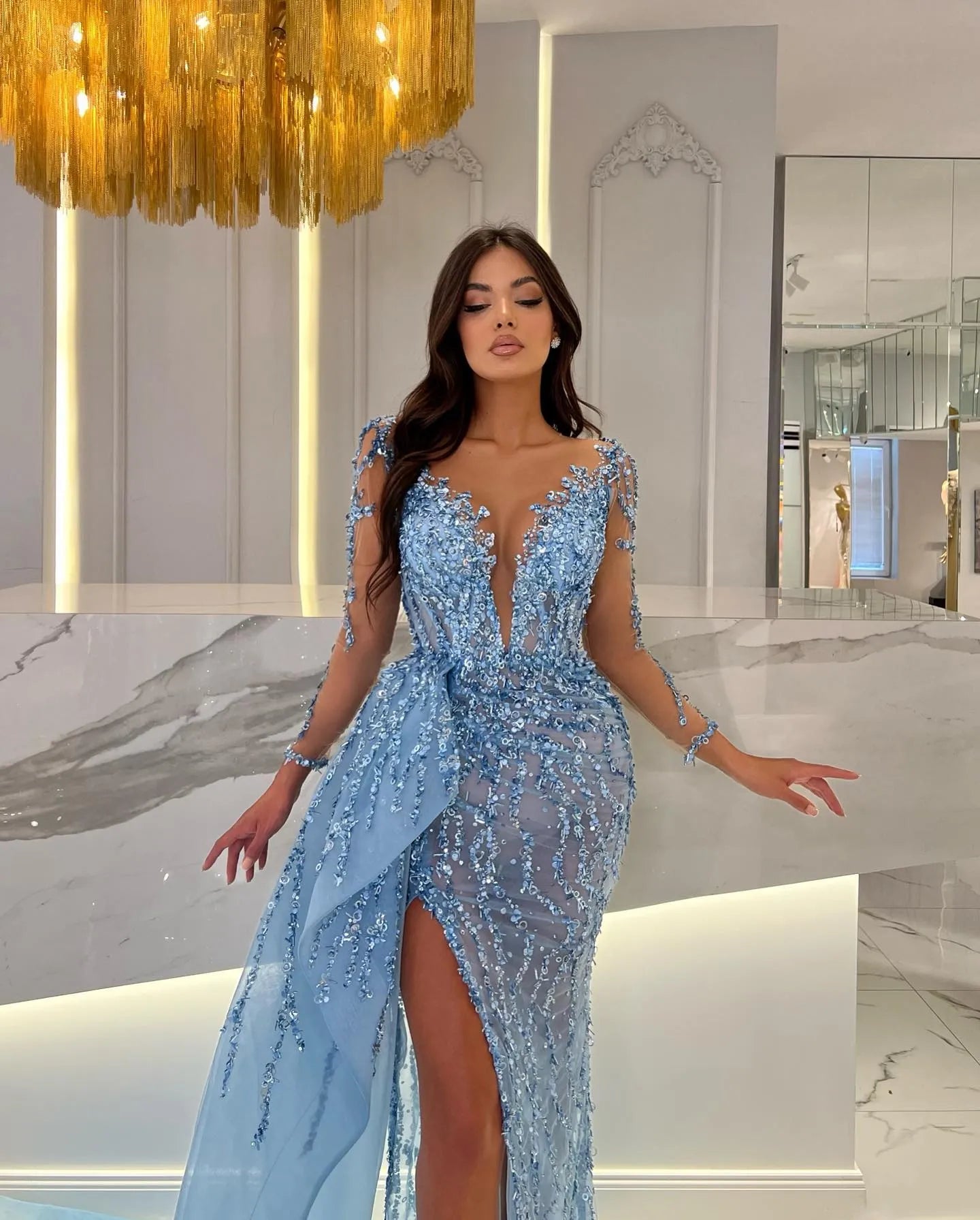 Luxury Blue Sequins Mermaid Celebrity Dresses High Split Long Sleeves Crystal V-Neck Evening Gown Custom Made Formal Dress