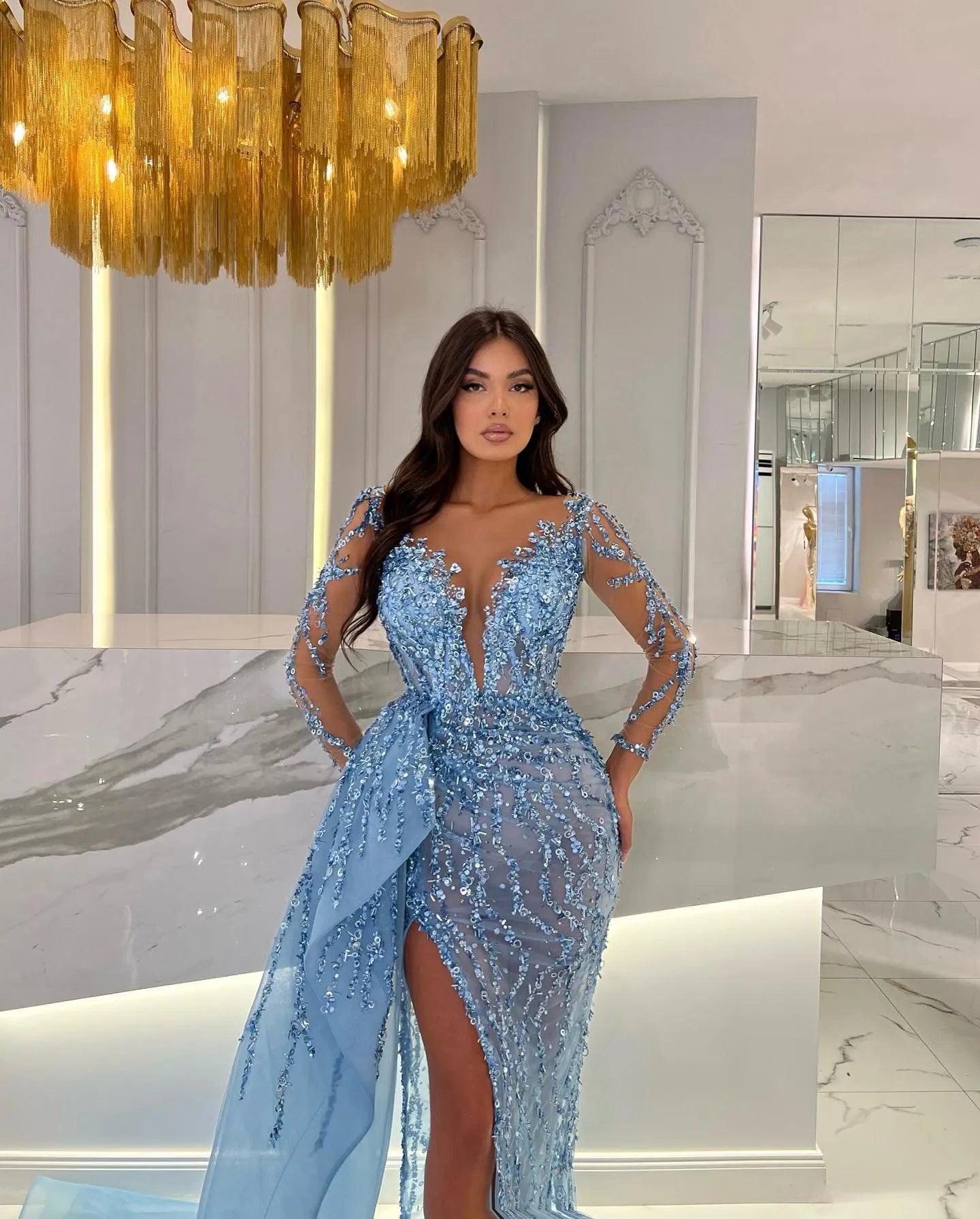 Luxury Blue Sequins Mermaid Celebrity Dresses High Split Long Sleeves Crystal V-Neck Evening Gown Custom Made Formal Dress