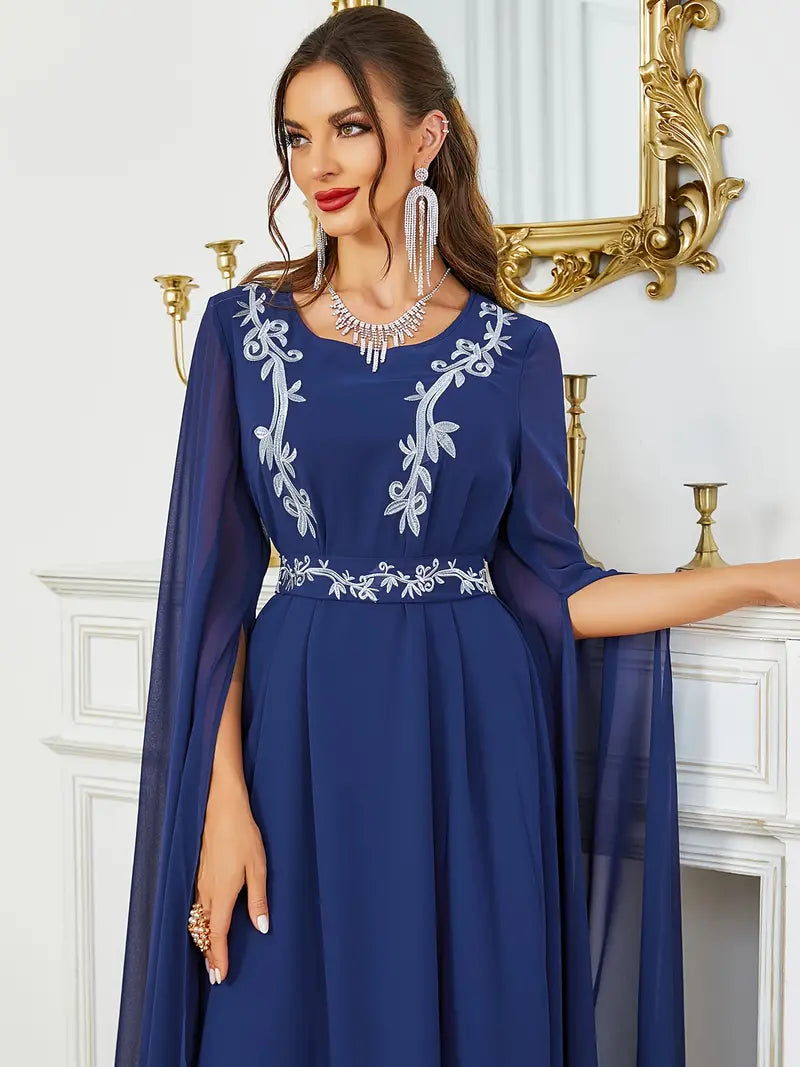 Dubai Moroccan Fashion Embroidery Chiffon Super Long Sleeve Evening Party Gown Jalabiyat Turkish Gulf Belted Dress