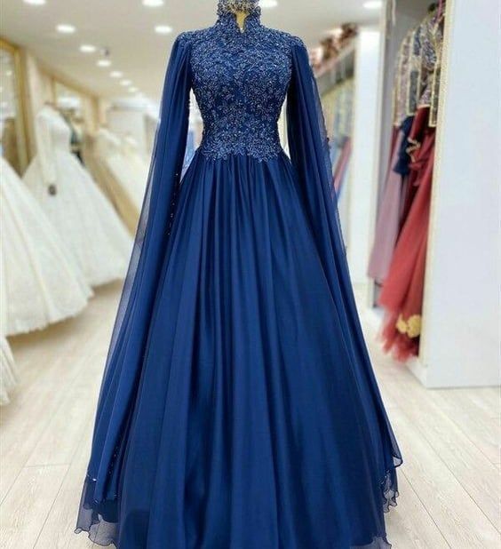 Royal Blue Hijab Formal Dress A-Line Robe De Soirée De Mariage Lace Muslim Evening Gowns Long Sleeves Prom Dresses