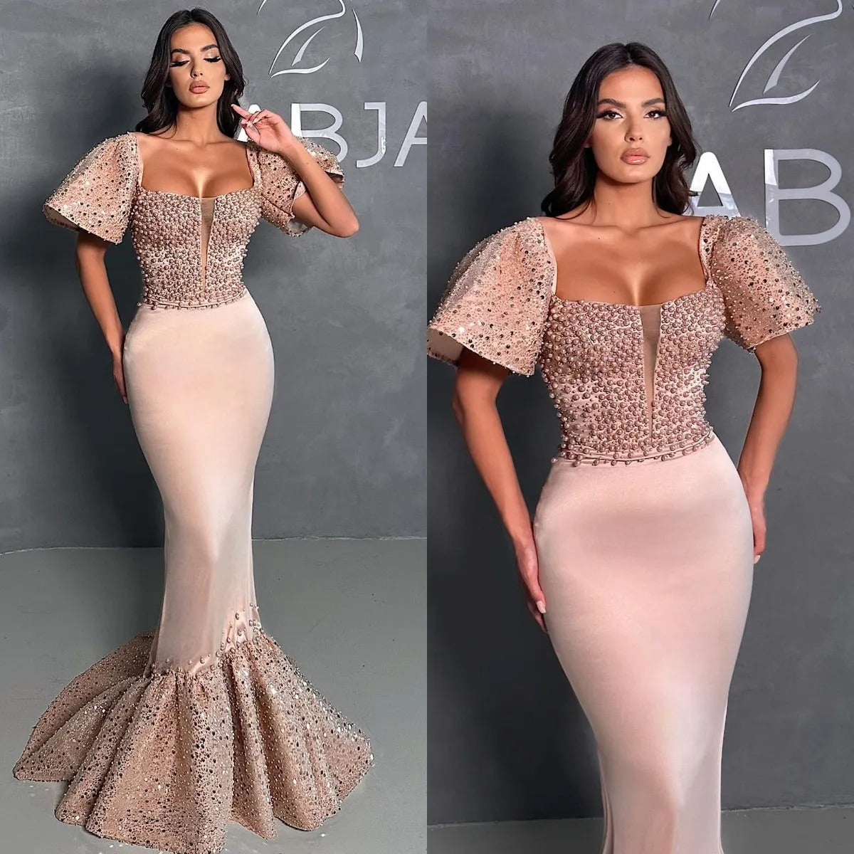 Sansa Luxury Champagne Glitter فساتين السهرة Square Collar Mermaid Vestidos De Noche Elegant Floor-Length Shiny Prom Dresses