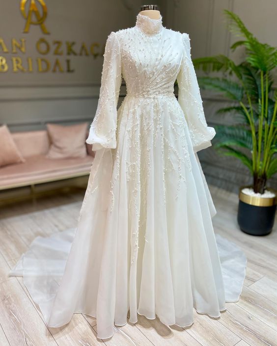 Moroccan Muslim Bridal Gowns Long Sleeves Plus Size Wedding Dresses for Bride A-Line Pearls Vestido De Noiva Casamento