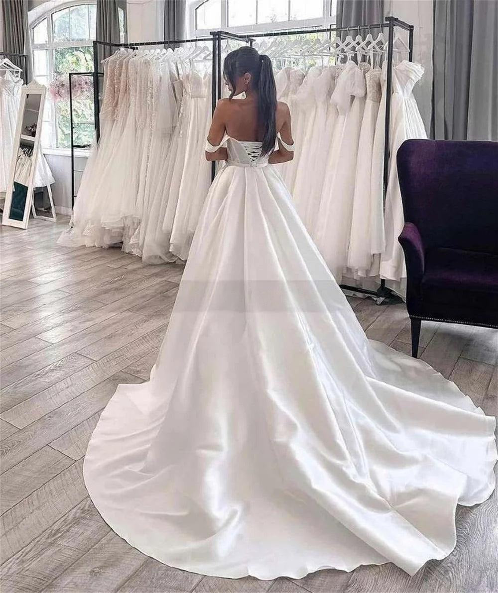 Elegant Plus Size White Satin Wedding Dresses Cap Sleeve Corset Bride Dress Vestido de Noiva Split Side Wedding Gowns Big Train