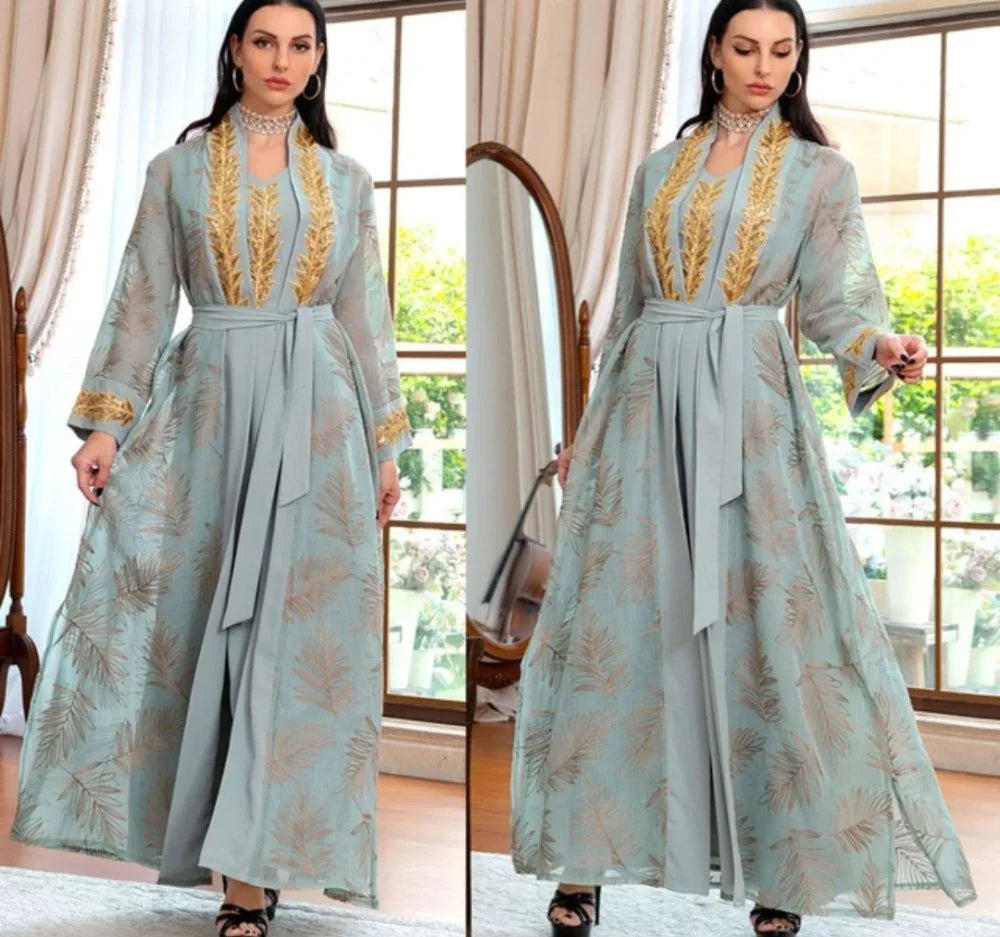 Sequined Embroidery Dubai Abaya Muslim Sets Belted Kaftan Party Robe Femme Musulmane Caftan Marocain Women's Jalabiya Ramadan