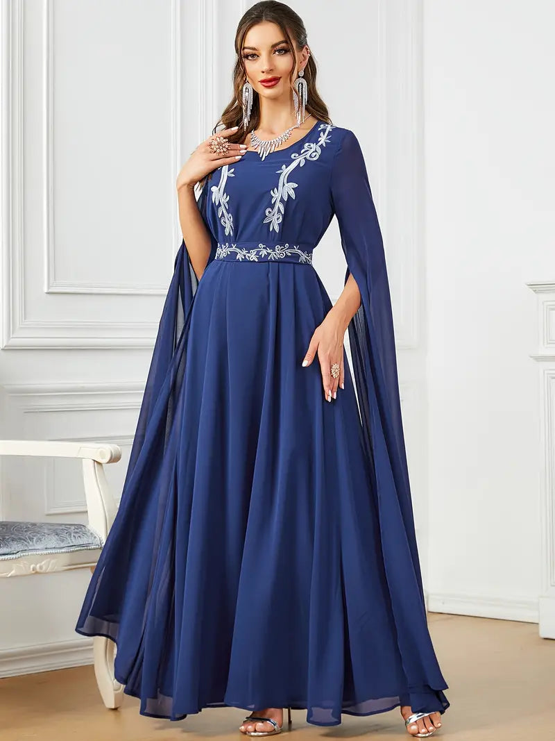 Dubai Moroccan Fashion Embroidery Chiffon Super Long Sleeve Evening Party Gown Jalabiyat Turkish Gulf Belted Dress