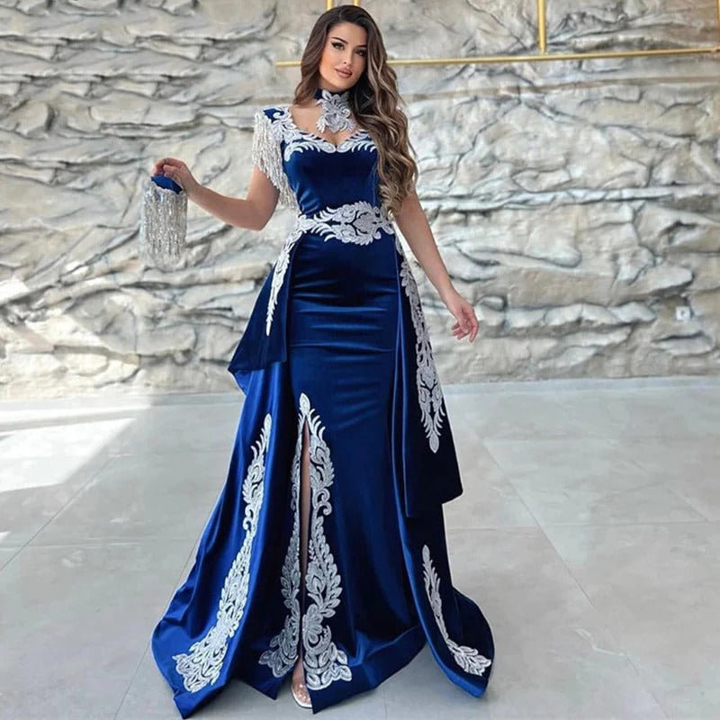 Moroccan Caftan Evening Dress Appliques Lace Cap Sleeve Royal Blue Mermaid Slit Velvet Arabic Prom Gowns Party Dress 2023