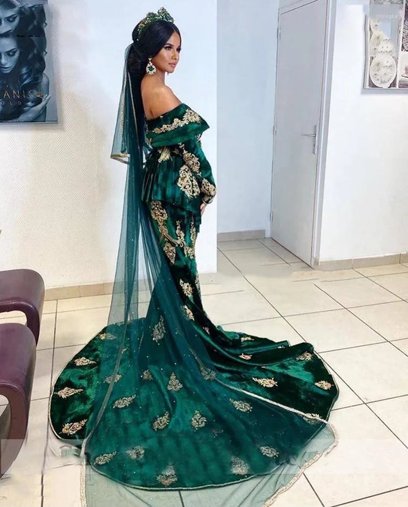 Caftan Evening Dresses Hunter Green Mermaid Prom Dress Off The Shoulder Velvet Long Sleeve Evening Formal Party Dress