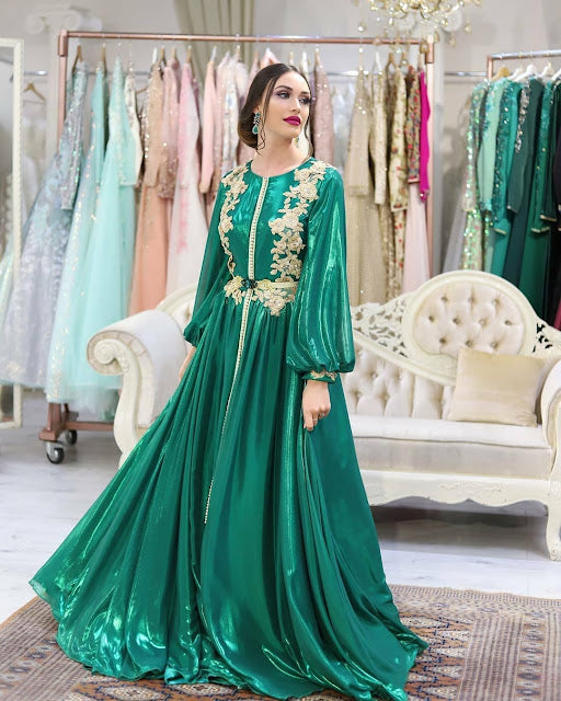 Emerald Green Moroccan Kaftan Evening Dresses for Women Formal Gold Lace Dubai Princess Prom Celebrity Party Gowns