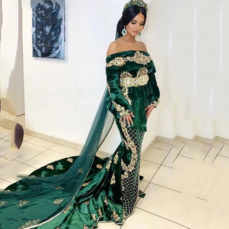 Caftan Evening Dresses Hunter Green Mermaid Prom Dress Off The Shoulder Velvet Long Sleeve Evening Formal Party Dress