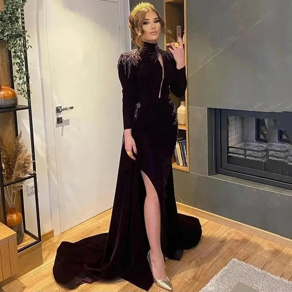 Black High Neck Lace Mermaid Evening Dress Long Sleeve Saudi Arabia Prom Dresses Side Split Caftan Party Gowns