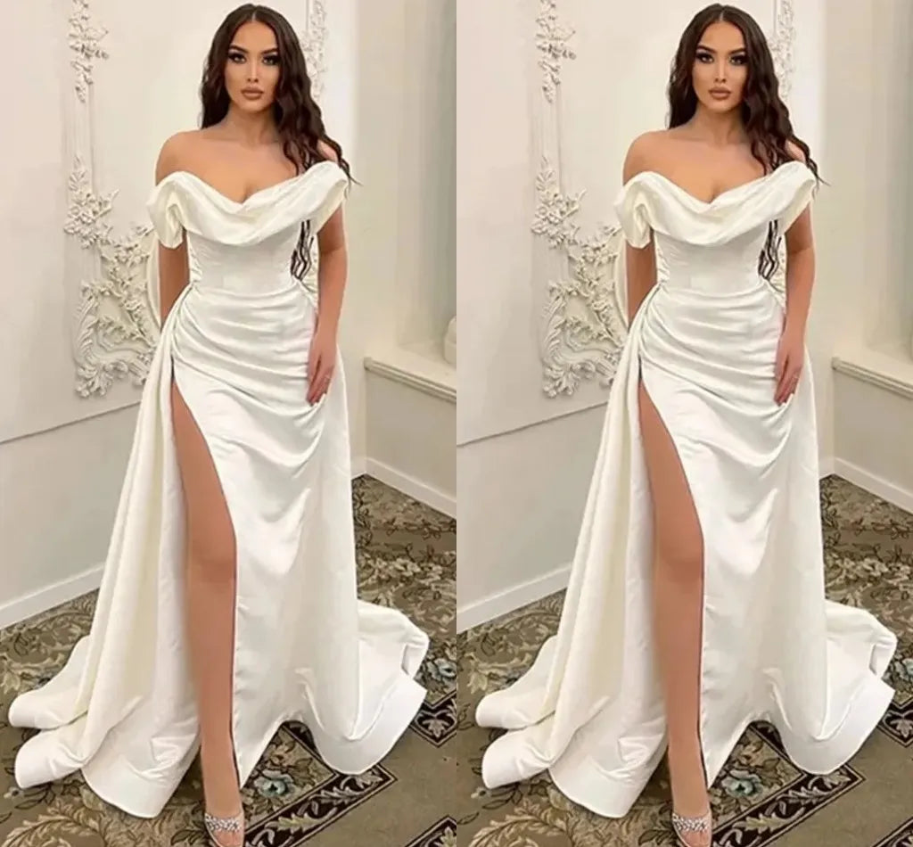 Elegant Satin Wedding Dresses For Bride Ribbons Princess Backless Off Shoulder High Split Civil Bridal Gowns Chapel Train