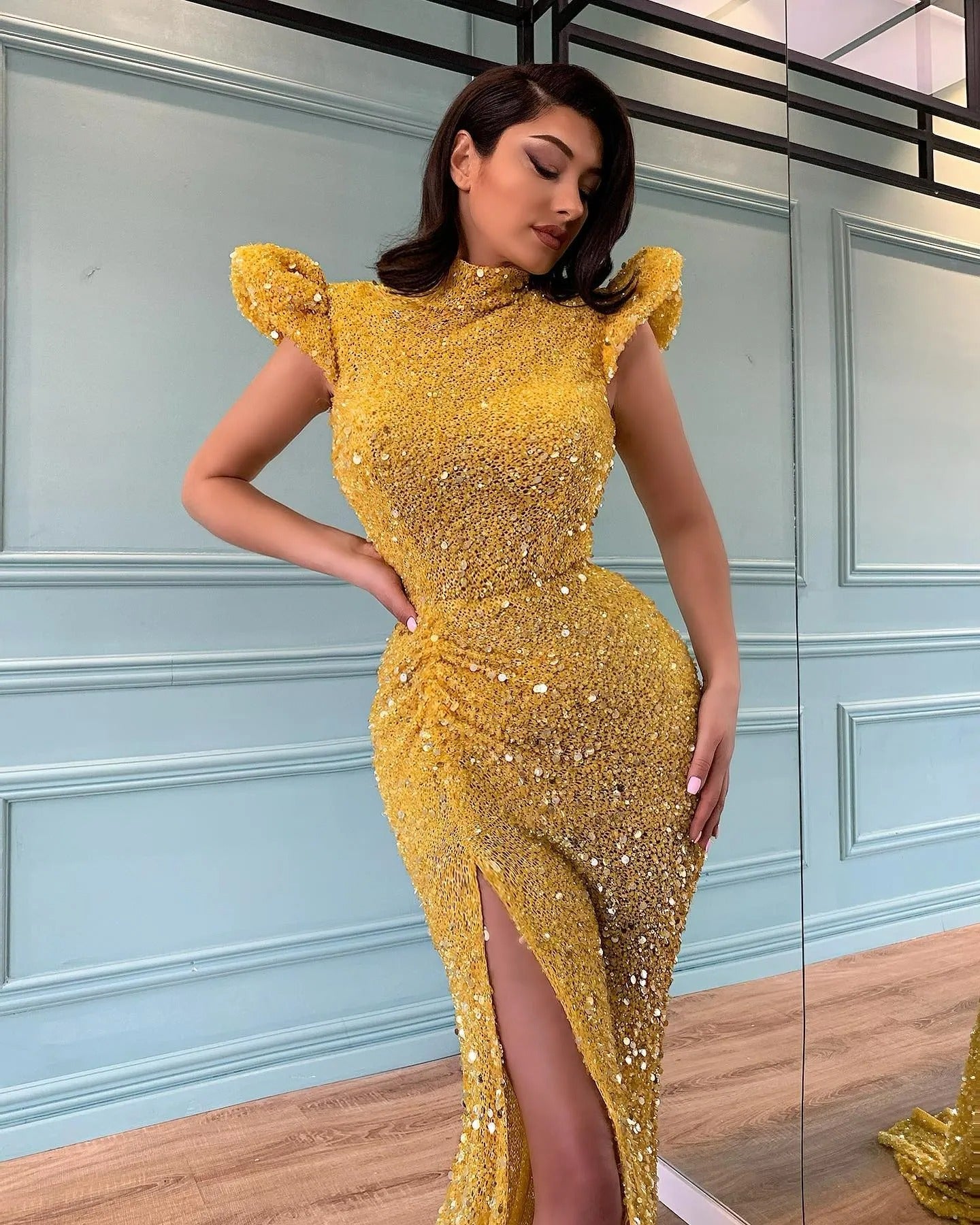 Luxury Crystal sequin Mermaid Evening dress High neck wrap hip side slit with floor length elegant ladies PROM party dress