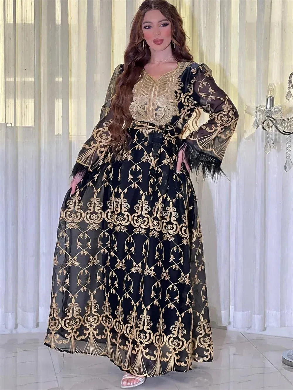 Dubai Gold Floral Embroidery Sequins Feathers Patchwork Long Sleeve V Collar Ethnic Party Gown With Sashes Eid Al-Adha