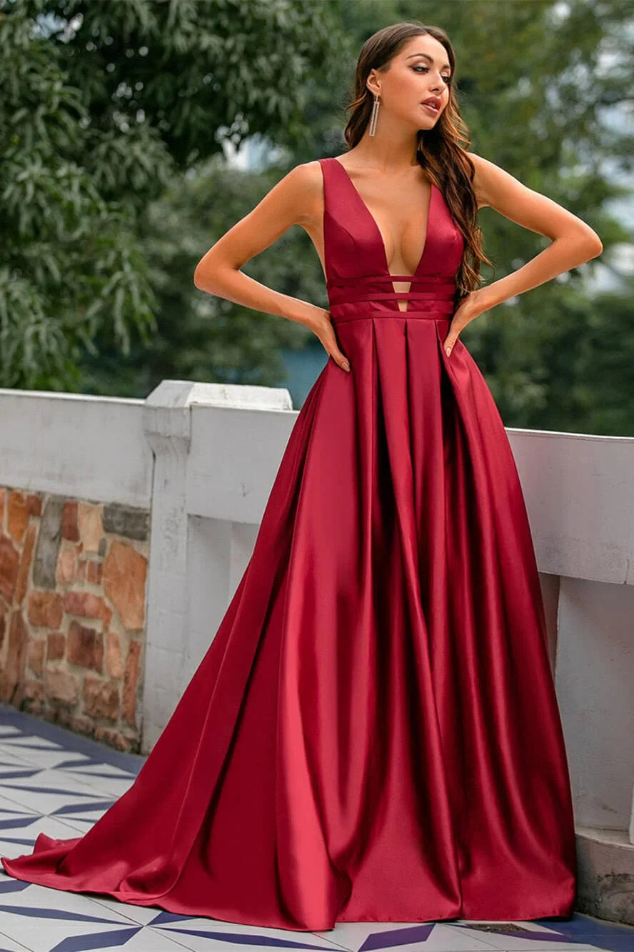 Sexy Red New Year Party Dress Winter Evening Dresses V Neck Satin Prom Dresses Long Elegant Evening Gown Robe De Soiree Customization 14W