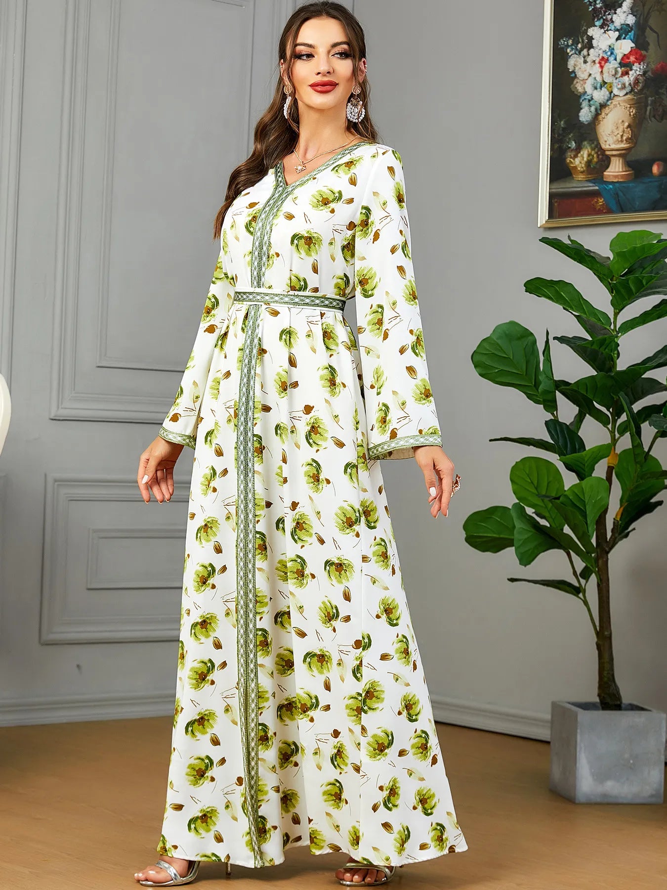 Fashion Chic Printing Casual Long Sleeve V-Neck Belted Dress Moroccan Gulf Caftan For Women Arab African Turkish Abaya