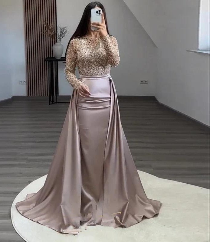 Elegant Women Prom Dresses Long New Formal Party Gowns Glitter Sequin Satin Mermaid Evening Dress Full Sleeves