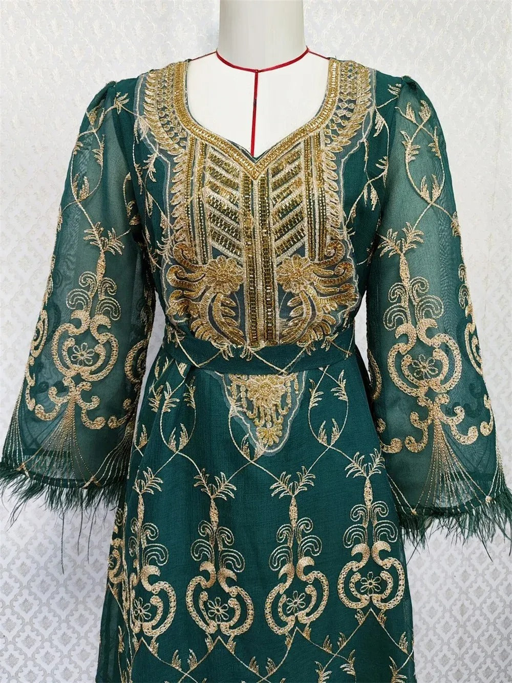 Dubai Gold Floral Embroidery Sequins Feathers Patchwork Long Sleeve V Collar Ethnic Party Gown With Sashes Eid Al-Adha