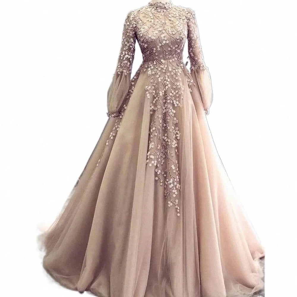 Champagne Arabic Muslim Evening Dresses Long Sleeves Appliques Flowers Beading Evening Gowns A-Line Tulle Formal Prom Dress New