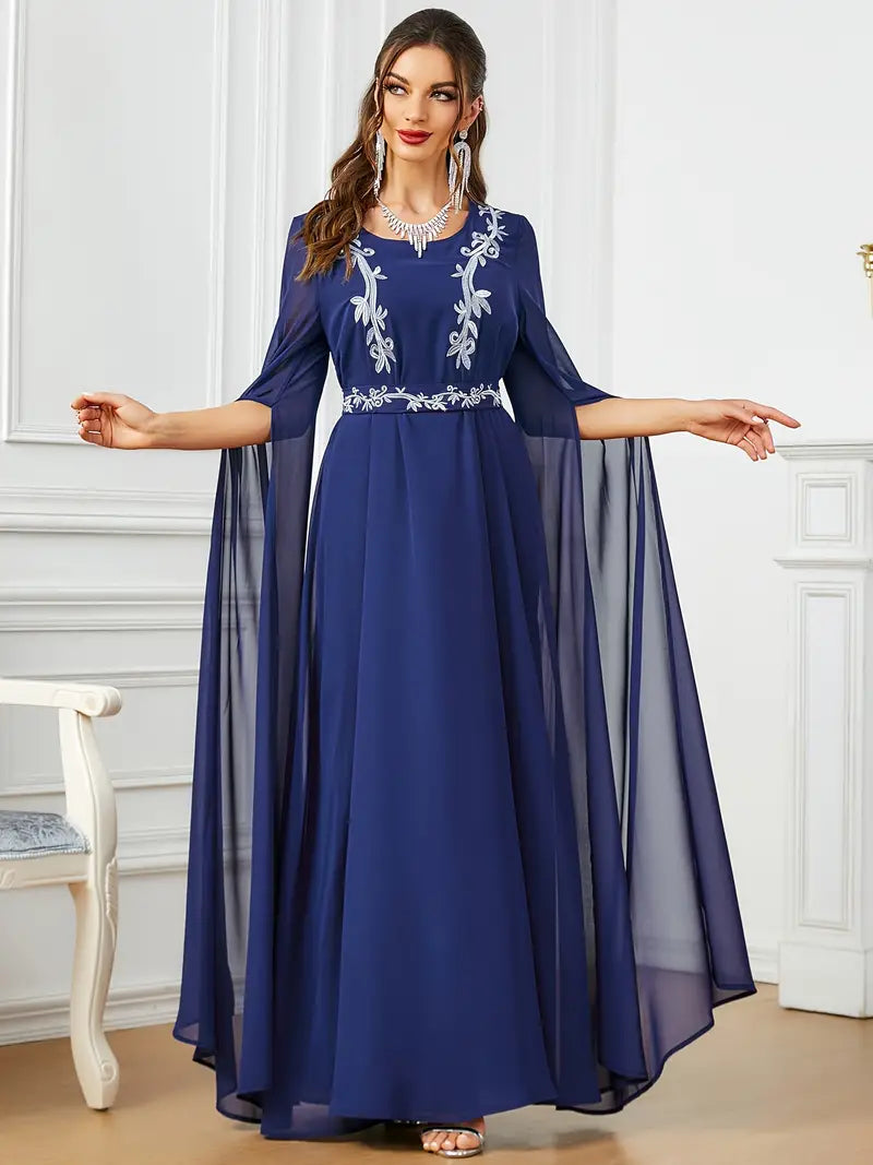 Dubai Moroccan Fashion Embroidery Chiffon Super Long Sleeve Evening Party Gown Jalabiyat Turkish Gulf Belted Dress