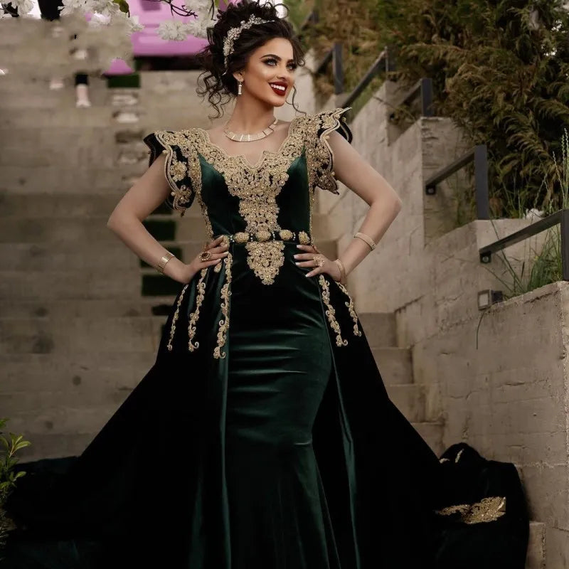 Hunter Green Moroccan Caftan Velvet Evening Dress Appliqued Lace Outfit Prom Gowns Dubai Arabic Women Party Dresses