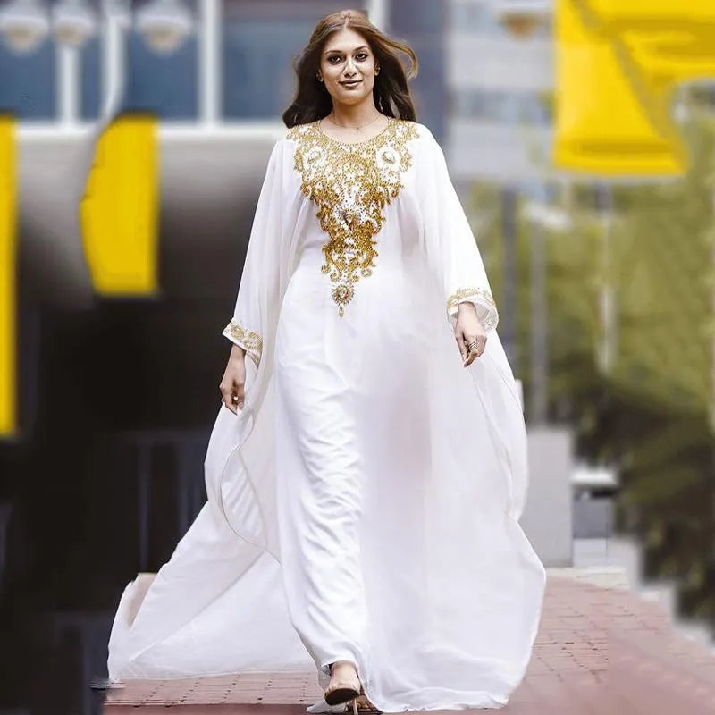 White Chiffon Muslim Evening Dresses Gold Sequined Beaded Dubai Moroccan Kaftan Gowns Women Abaya Formal Prom Party Dress