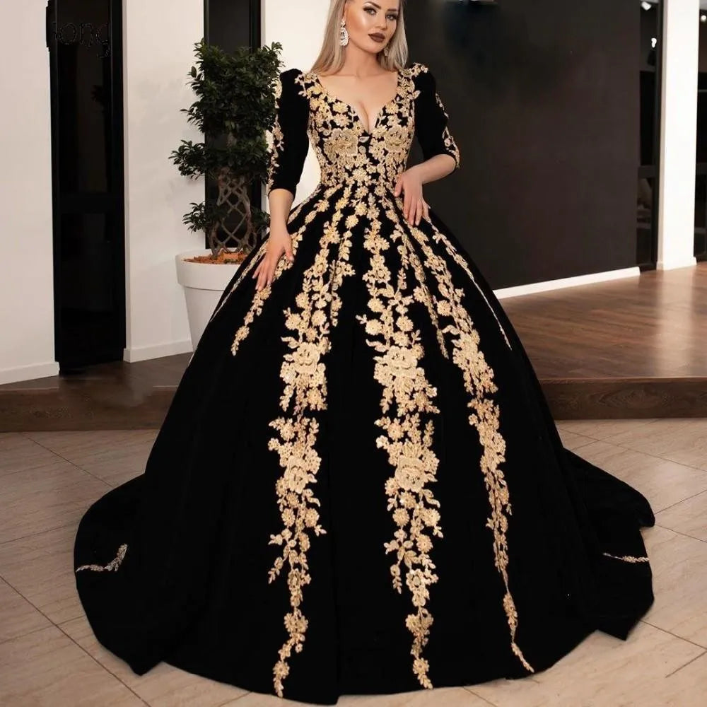 Caftan karakou algerien Formal Evening Dress Ball Gowns 3/4 Sleeve Velvet Appliques Peplum Occasion Evening Prom Gown