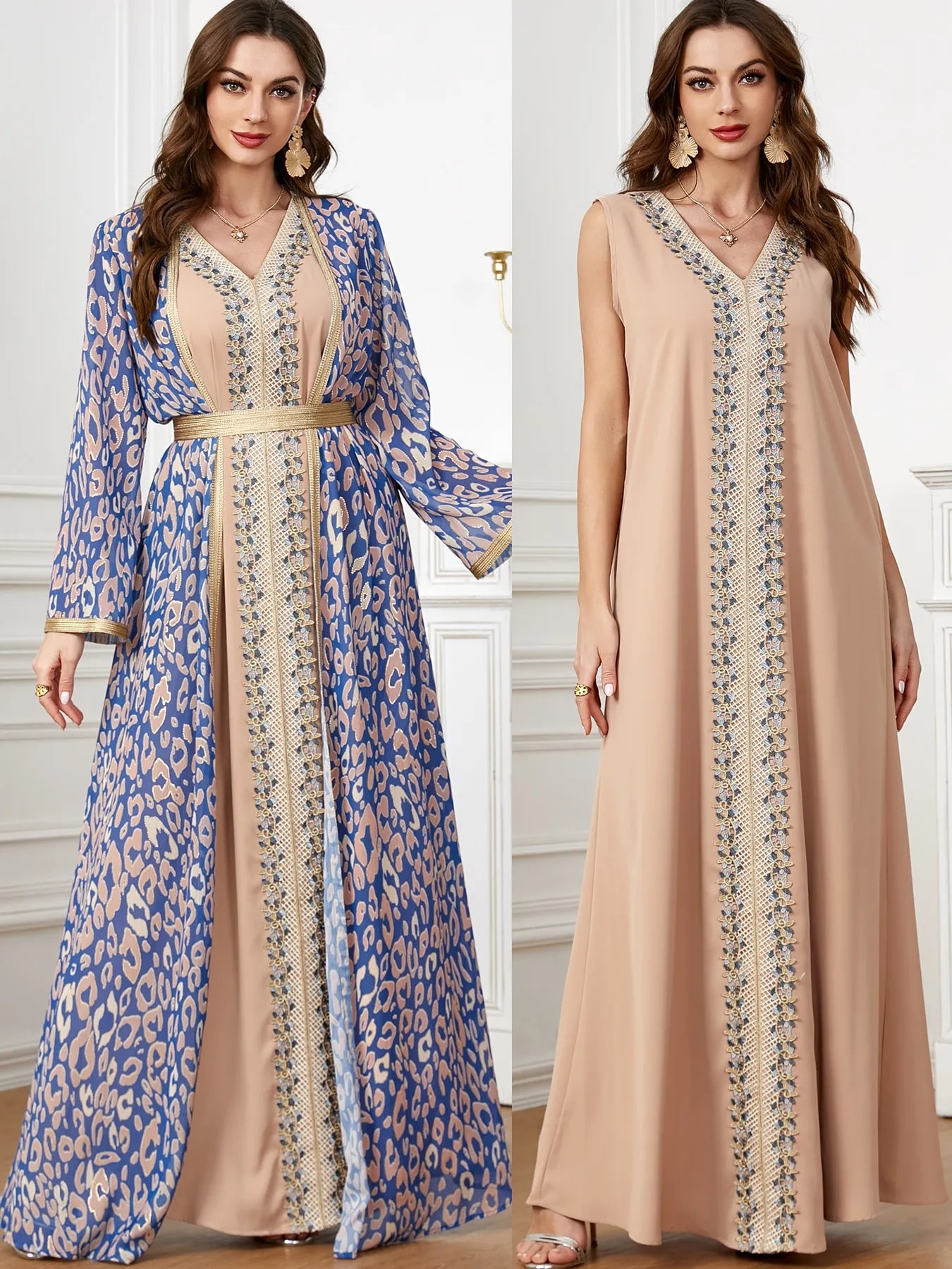 2 Pieces Abaya Set for Women Chic Lace Embroider Tape V Neck Bottom Dress & Leopard Print Belted Kimono Muslim Eid New