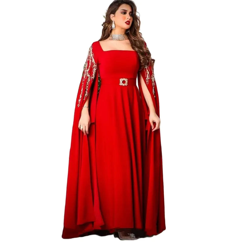 Red Satin A Line Caftan Evening Dresses Long Cape Beads Applique Embroidery Dubai Arabic Women Formal Prom Gowns