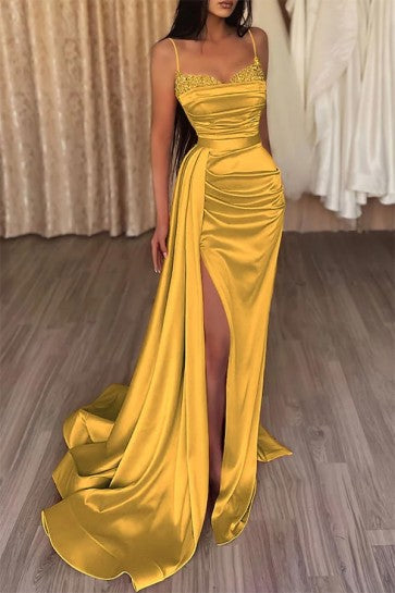 Luxury ball dress beaded side slit sweetheart Italian skinny strap tight custom sweeping train formal occasion evening dress