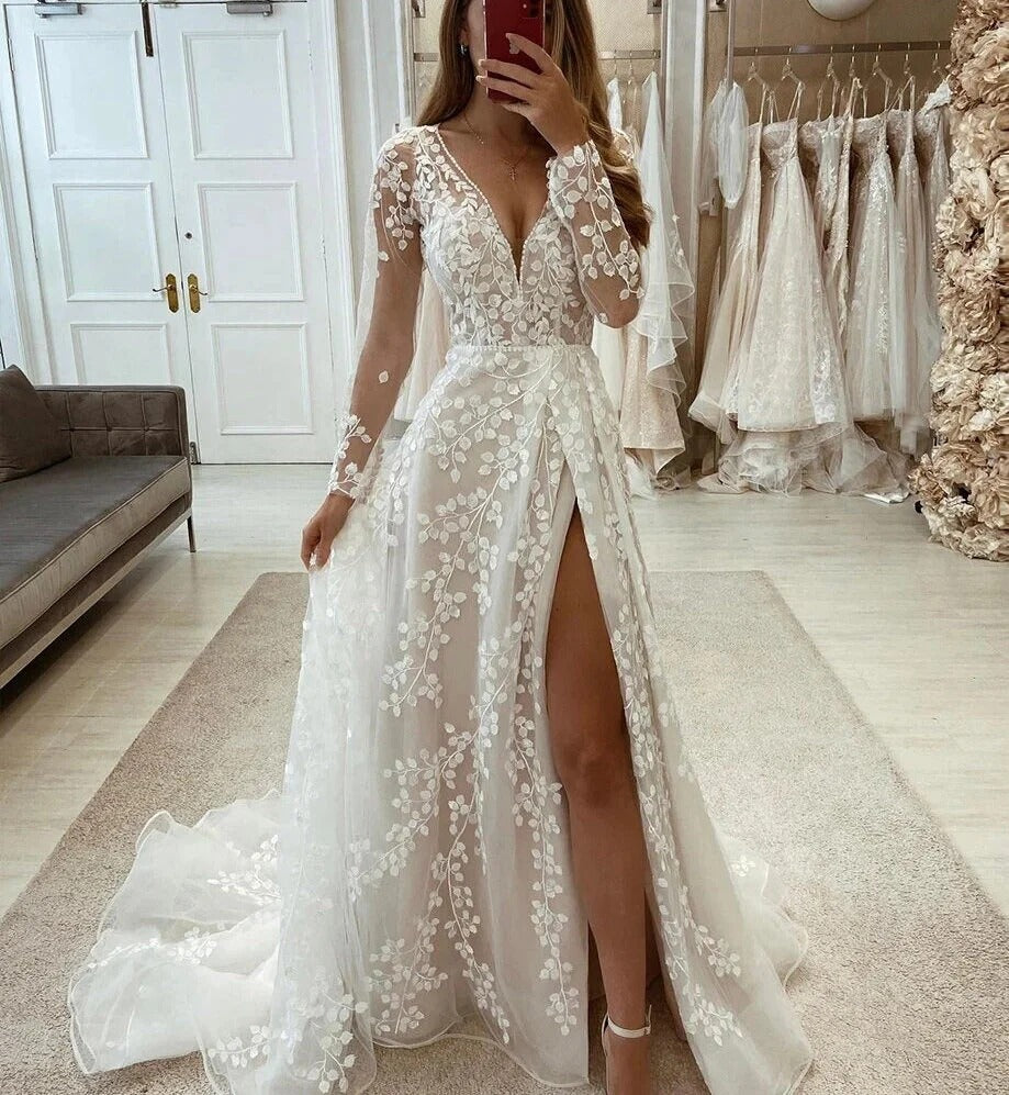 Gorgeous V Neck Long Sleeves Wedding Dresses Lace Applique Bride Gowns Sexy Split Tulle A Line Sweep Train Vestidos De Novia