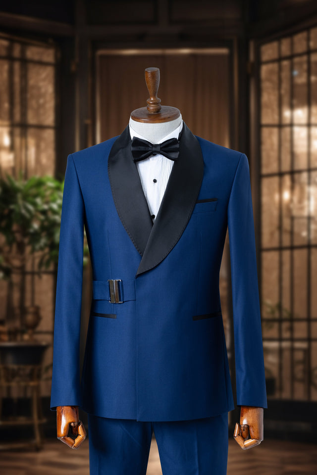 Peacock Blue Men Suit with Buckle Custom Made Shawl Black Lapel Costume Homme Pants in Black or Required Color 2 Pieces Set