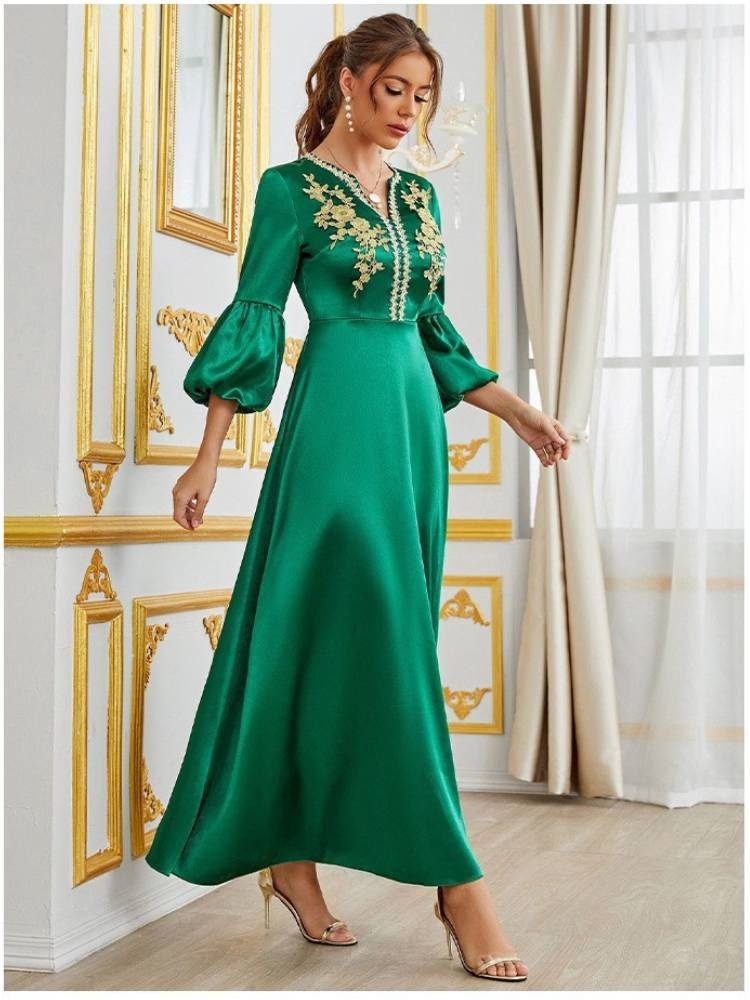 Fashion Satin Puff Sleeve Printing Solid Evening Party Dress Djellaba Moroccan Caftan For Women Elegant Islamic Outfits