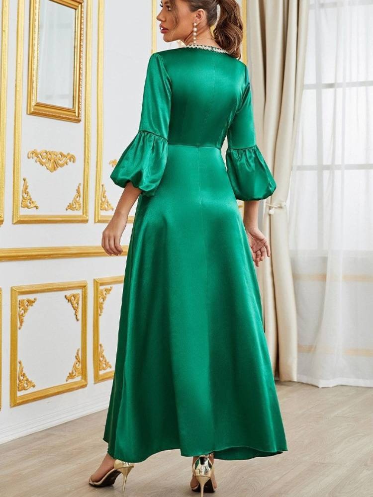 Fashion Satin Puff Sleeve Printing Solid Evening Party Dress Djellaba Moroccan Caftan For Women Elegant Islamic Outfits