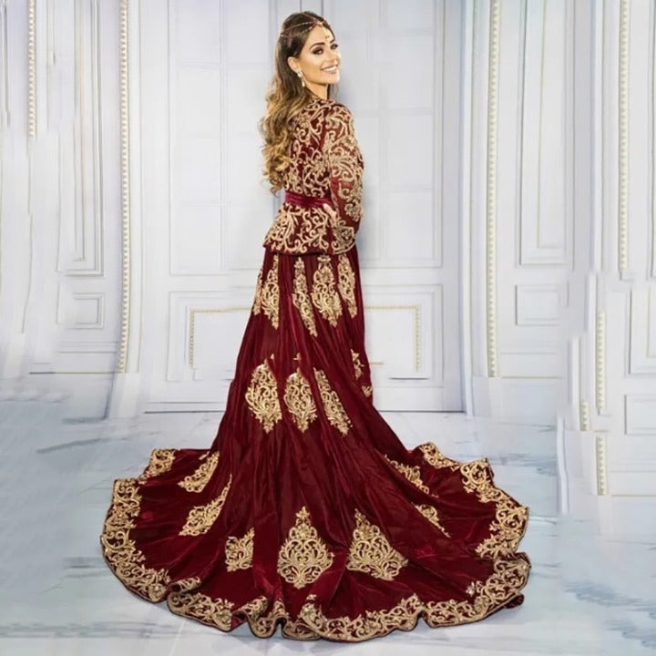 Algerian Caftan Burgundy Formal Evening Dresses Velvet Special occasion Dresses Lace Appliques Outfit Prom Party Gowns