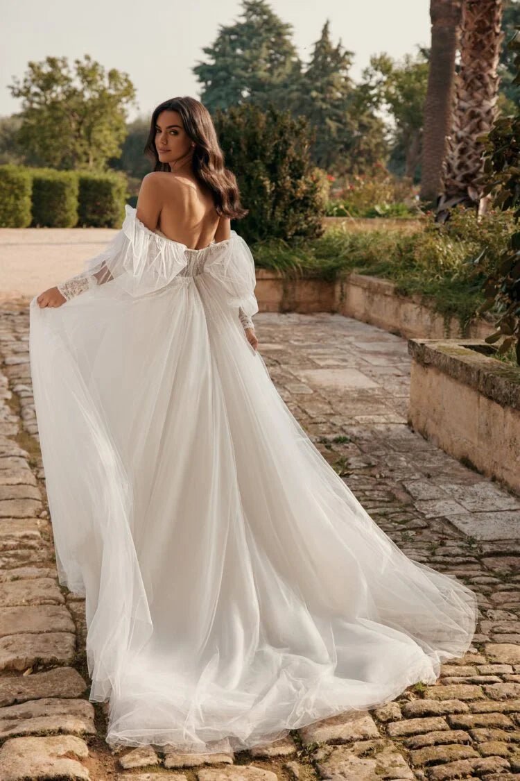 Puff Sleeve High Split Wedding Dresses Sweetheart Tulle Robe De Mariée A-line Backless Bridal Party For Women