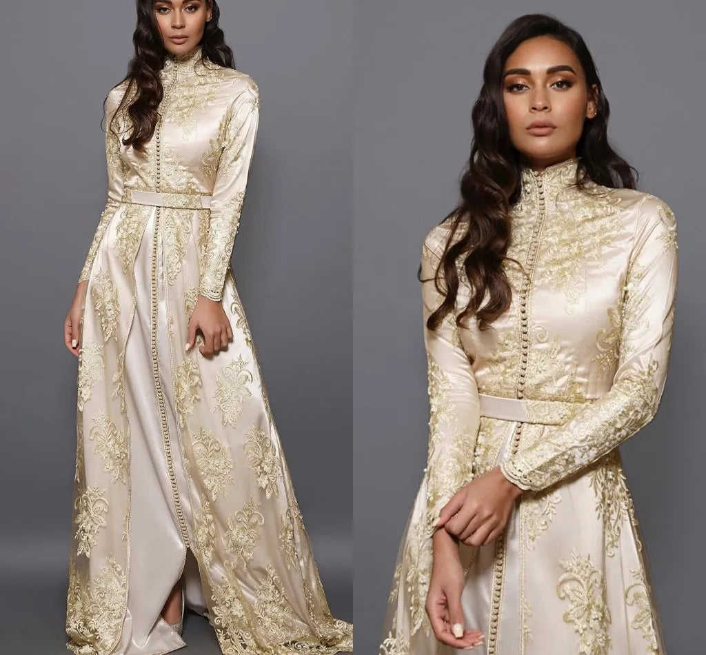 Champagne Moroccan Caftan Evening Gowns A-Line Long Sleeve Lace Special Occasion Dresses Dubai Formal Prom Dress Plus Size