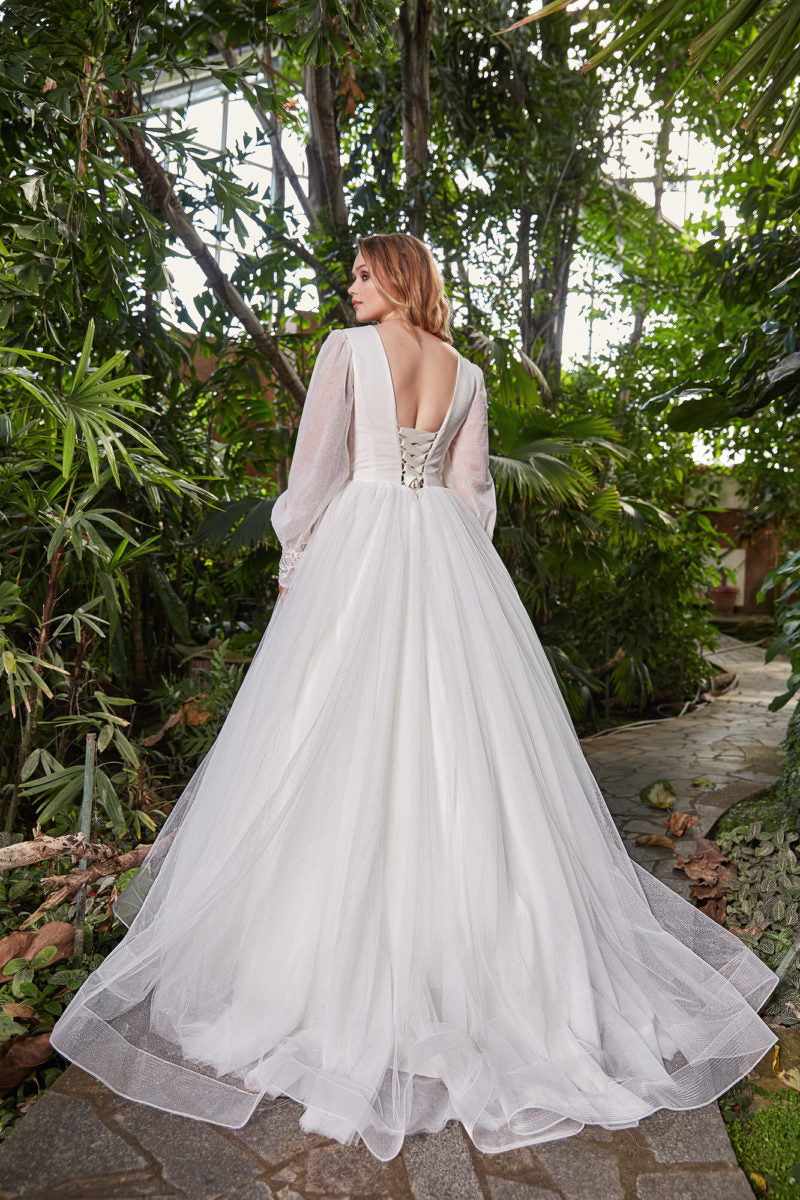 JEHETH Princess Wedding Dress For Woman Long Sleeves V-Neck Lace Up Bride Gowns Tulle A-Line Modern Plus Size vestidos de novia Ivory