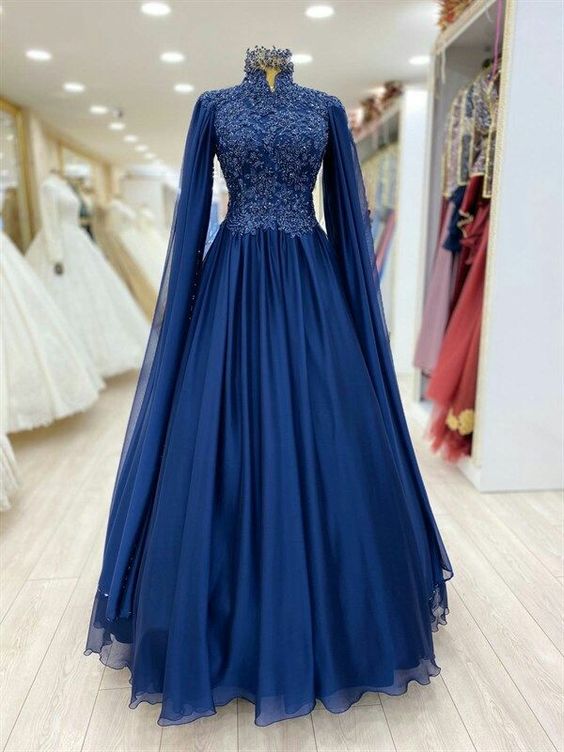 Royal Blue Hijab Formal Dress A-Line Robe De Soirée De Mariage Lace Muslim Evening Gowns Long Sleeves Prom Dresses