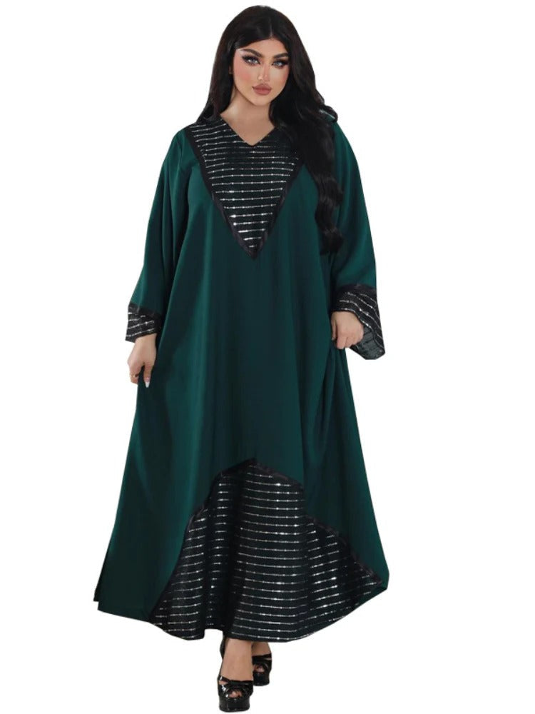 Fashion Sequins Black Mesh Patchwork Dubai Abaya Elegant Casual Full Sleeve V-Neck Long Dress Women Muslim