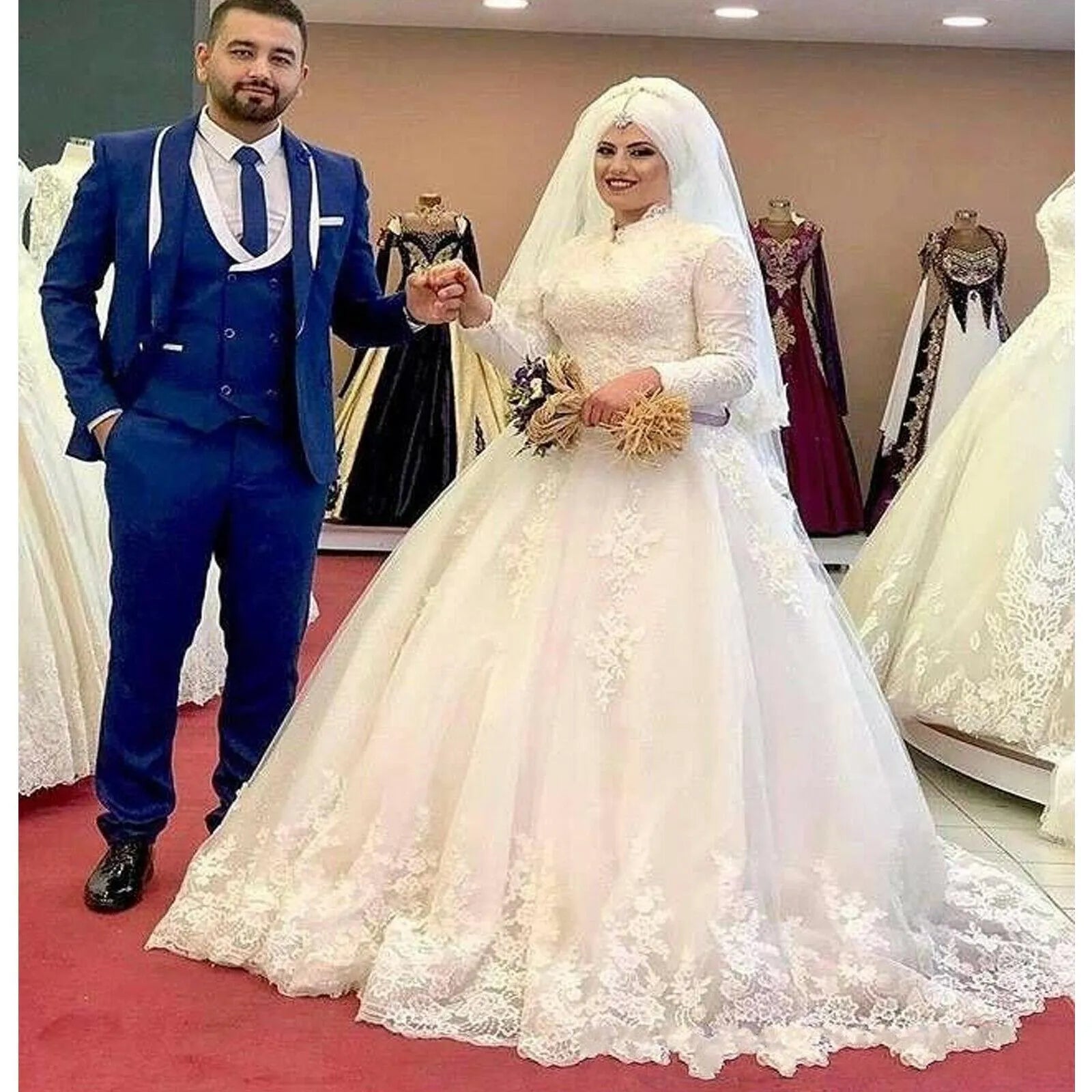 Elegant Muslim Wedding Dresses High Neck Lace applique Long Sleeve Arabic Wedding Gowns Wedding Dress Robe De Mariee