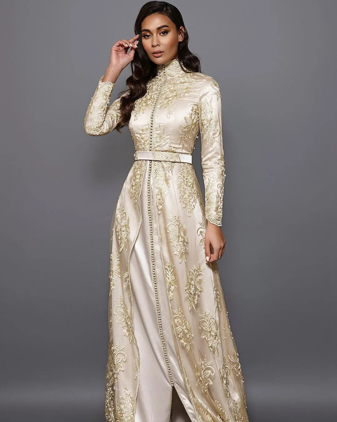 Champagne Moroccan Caftan Evening Gowns A-Line Long Sleeve Lace Special Occasion Dresses Dubai Formal Prom Dress Plus Size